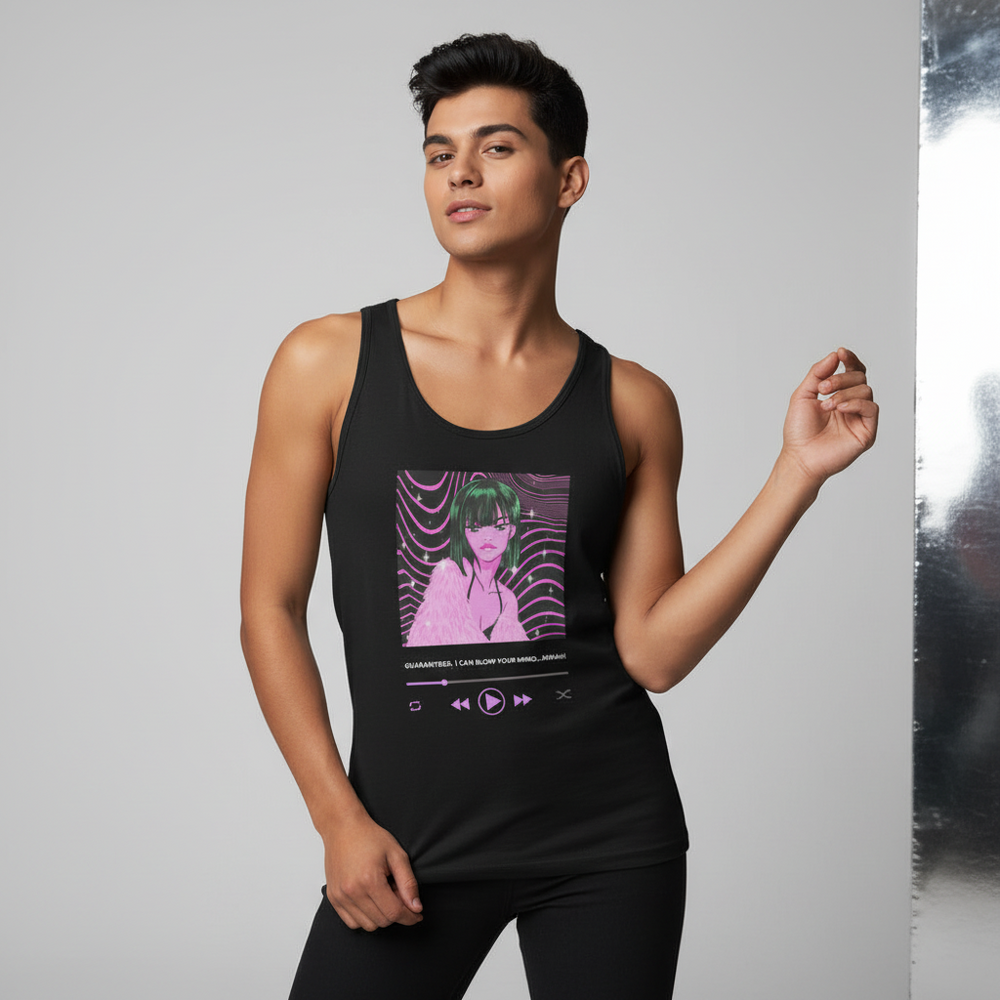 Model wearing a black tank top with a pink-and-purple anime music-player graphic