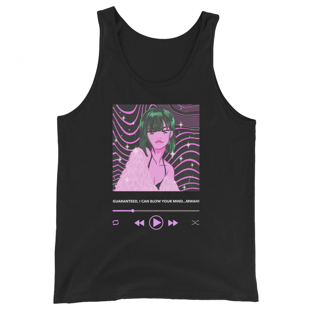 Black tank top with pink anime-style woman and music-player graphic reading “GUARANTEED, I CAN BLOW YOUR MIND...MWAH!”