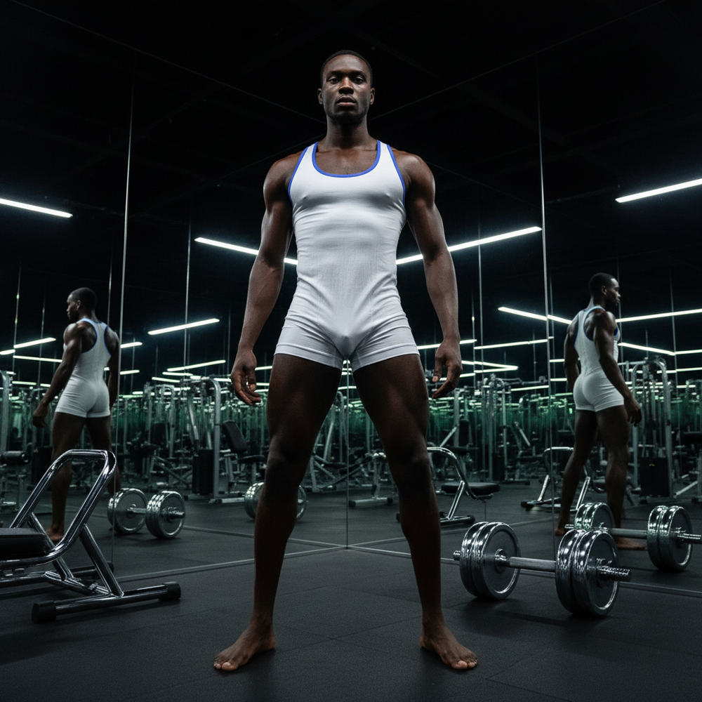 Muscular person in the “Gym Bunny Approved Mens Bodysuit” stands barefoot, legs apart