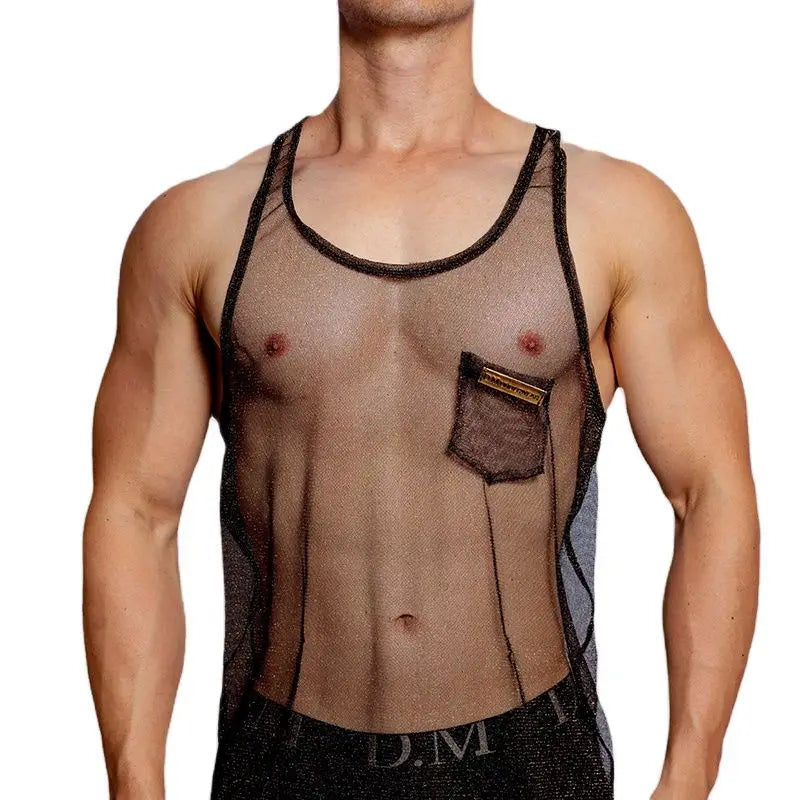 Gym Mesh Tank Top, a sheer black mesh tank with a racerback and chest pocket