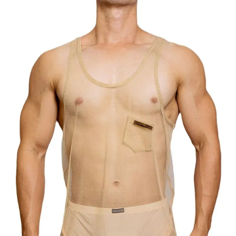 Front view of a muscular model wearing a sheer tan mesh tank top with a chest pocket