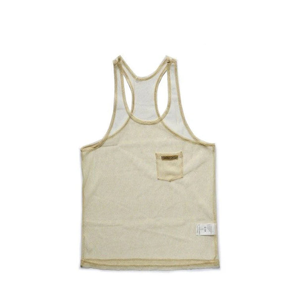 Flat-lay rear view of a cream mesh racerback tank top with a small chest pocket