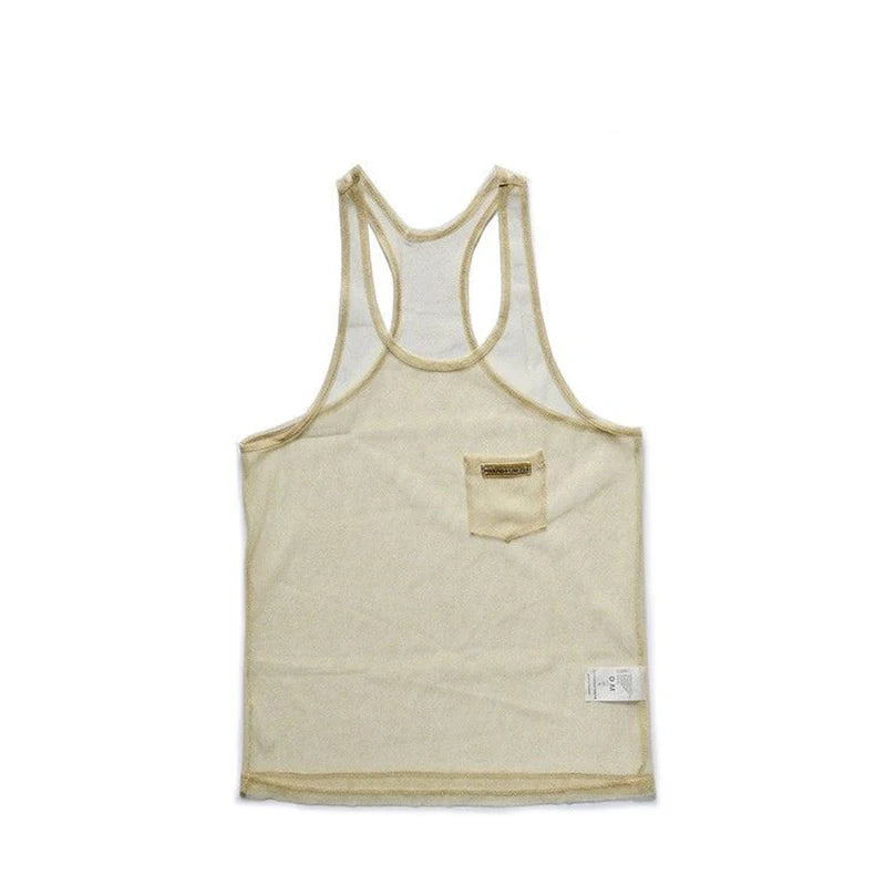 Flat-lay rear view of a cream mesh racerback tank top with a small chest pocket