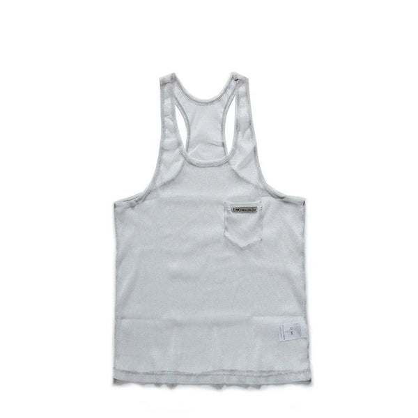 White mesh racerback tank top shown flat with a small chest pocket