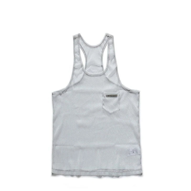 White mesh racerback tank top shown flat with a small chest pocket