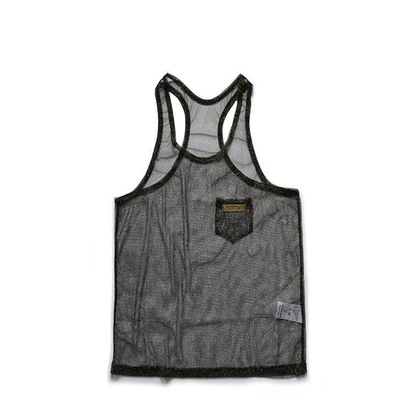 Flat-lay front view of a charcoal gray mesh racerback tank top with chest pocket