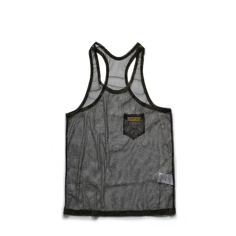 Flat-lay front view of a charcoal gray mesh racerback tank top with chest pocket