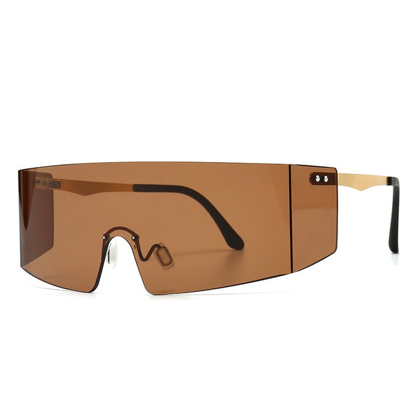 Close-up of oversized brown wraparound sunglasses with a single shield lens and black arms