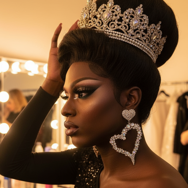 Drag performer wearing oversized rhinestone heart drop earrings in a backstage dressing room