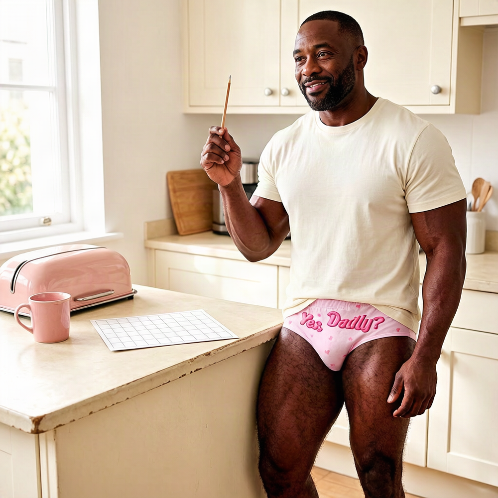 Yes, Daddy? Flirty Pink Love Briefs — AI-generated Pink Pony Round 2 editorial: The kitchen crossword pause.