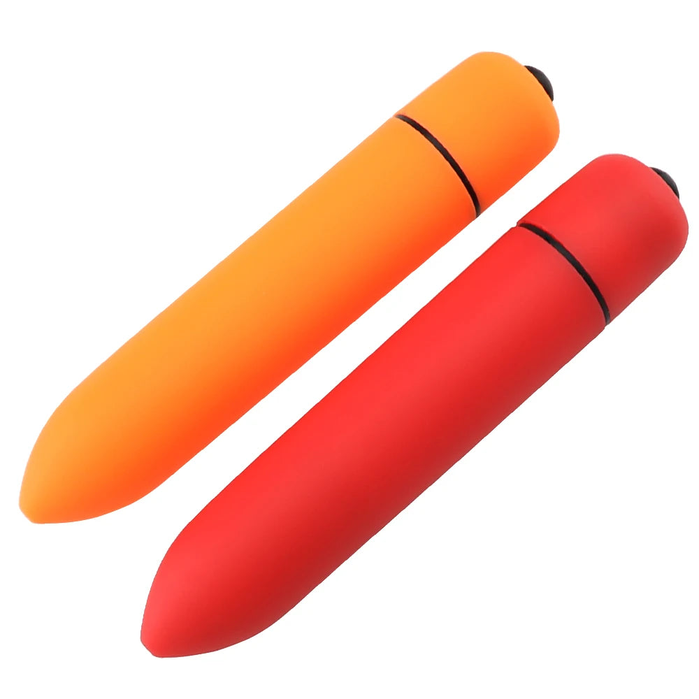 Two mini bullet vibrators in orange and red with rounded tips and black end buttons