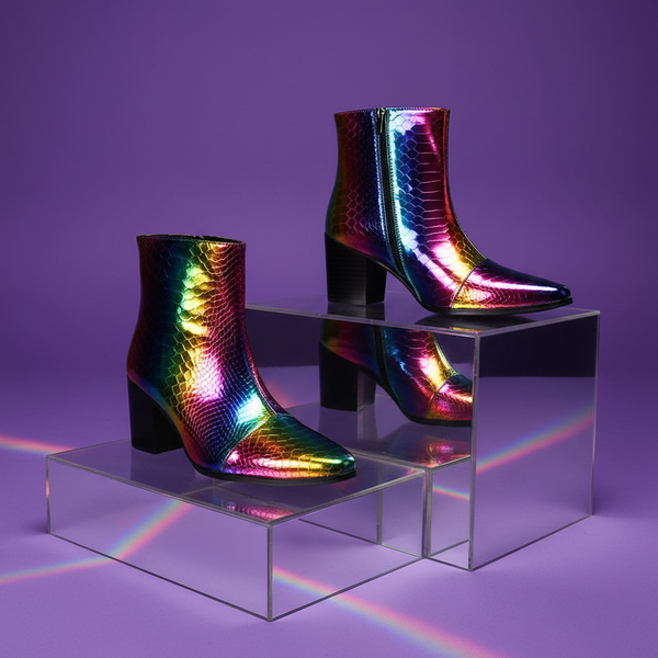Two rainbow-iridescent snakeskin ankle boots displayed on clear acrylic blocks