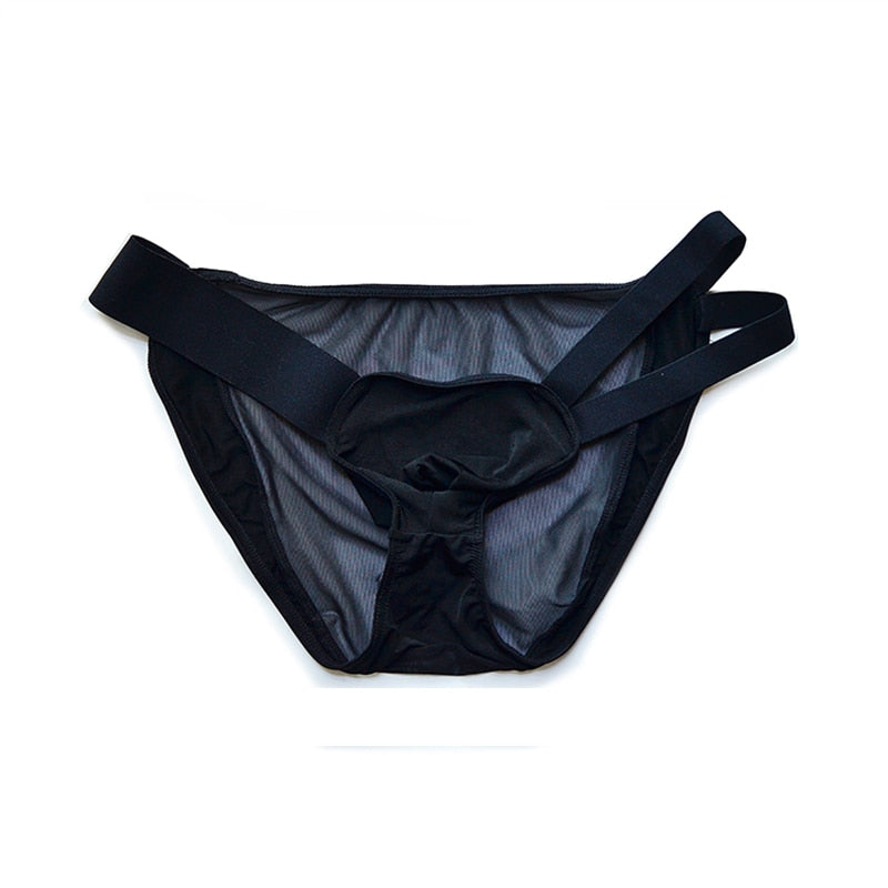 Front-facing flat lay of black mesh briefs with a pouch and multiple wide straps