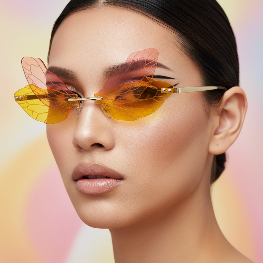 Close-up of amber dragonfly-shaped sunglasses with pink-tinted upper wings and gold arms