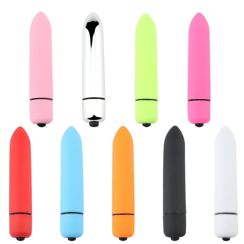 Mini bullet vibrators in pink, clear, lime green, red, blue, orange, black, and white
