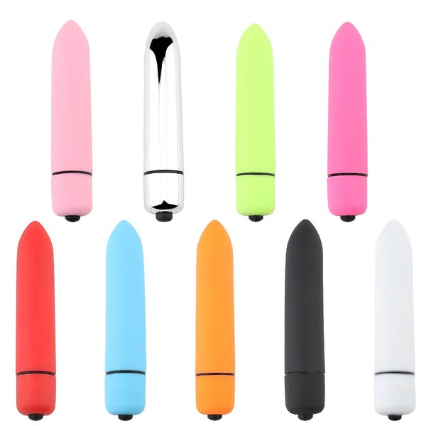 Mini bullet vibrators in pink, clear, lime green, red, blue, orange, black, and white