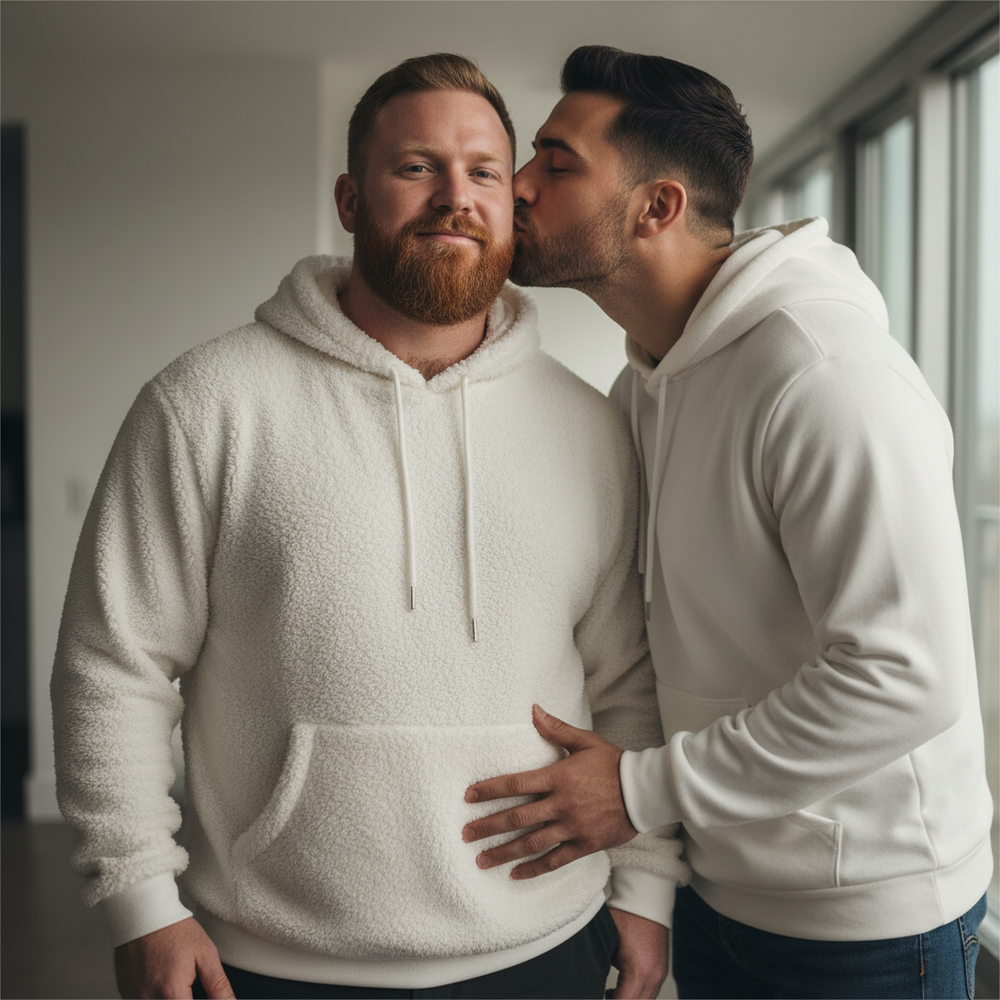 Gay bear fleece hoodie worn by a bearded man as his partner kisses him
