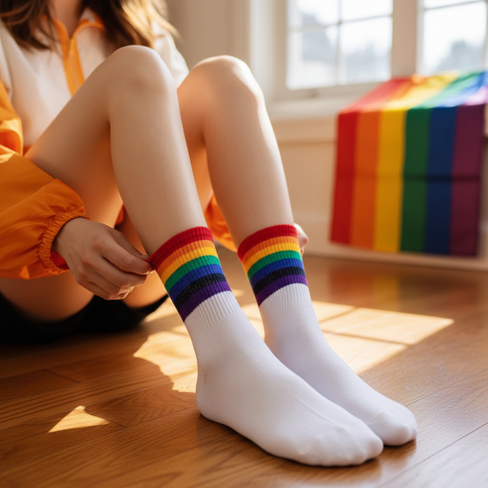 Person wearing white crew socks with rainbow Pride stripes beside a rainbow-striped box