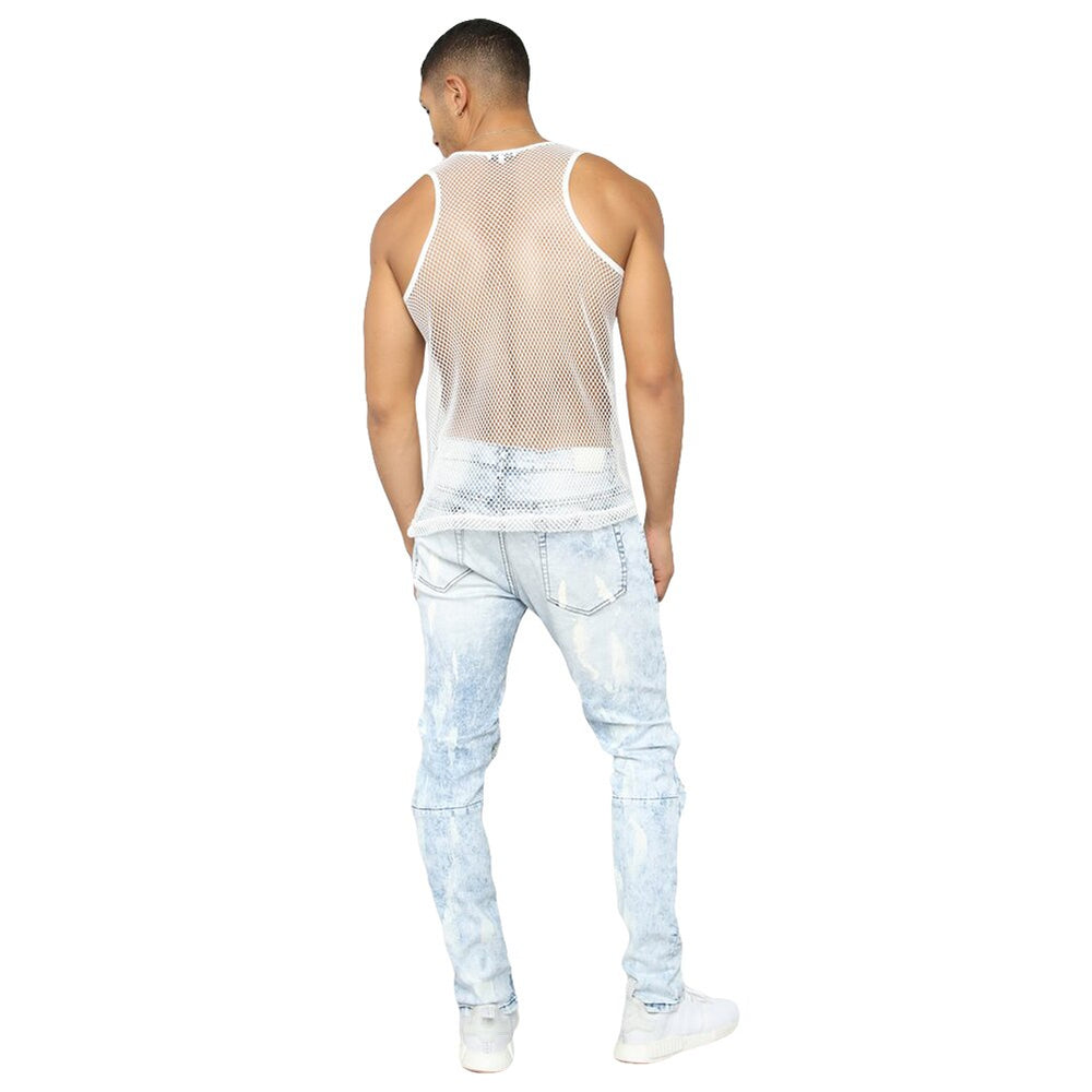 Back view of a man wearing a white mesh tank top with light jeans