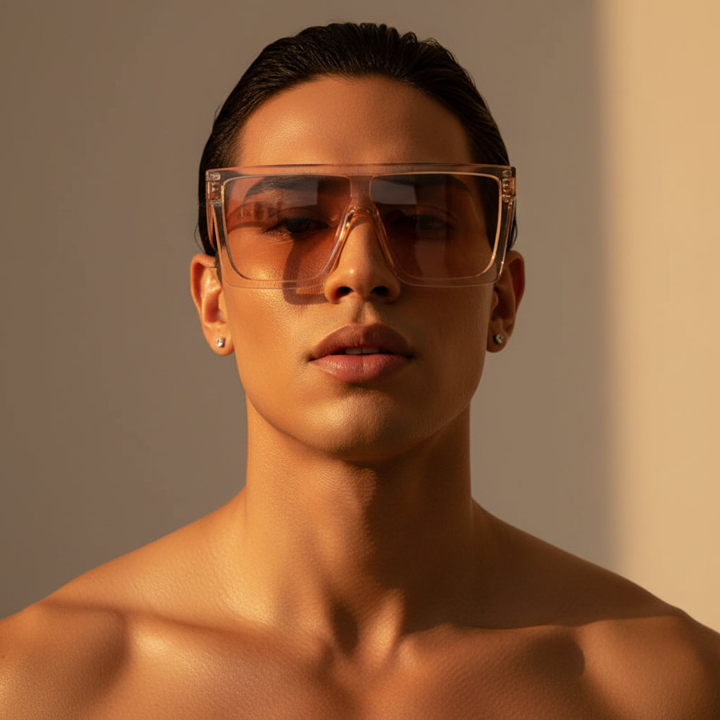 Front-facing model wearing oversized translucent square sunglasses with brown tinted lenses