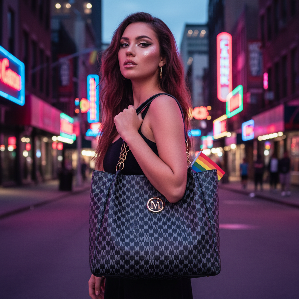 Person carrying a monogrammed tote with a round M emblem and rainbow flag in a neon-lit street