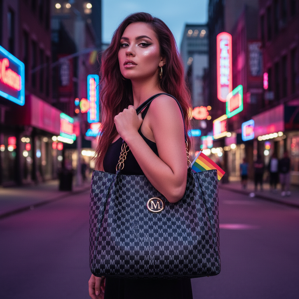 Person carrying a monogrammed tote with a round M emblem and rainbow flag in a neon-lit street
