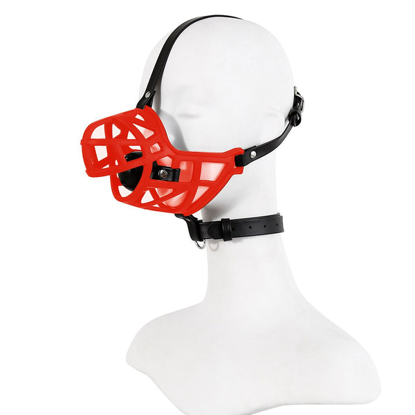 Side-view white mannequin wearing a red cage-style half-face gag mask with black straps