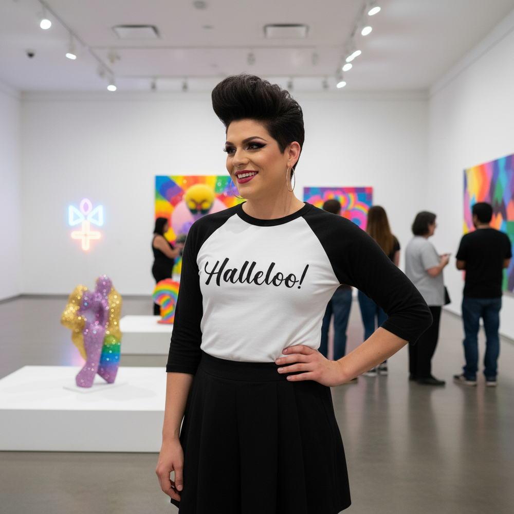 Halleloo! 3/4 Sleeve Raglan Shirt paired with a black skirt on a smiling, bold-makeup person in a bright queer art gallery.
