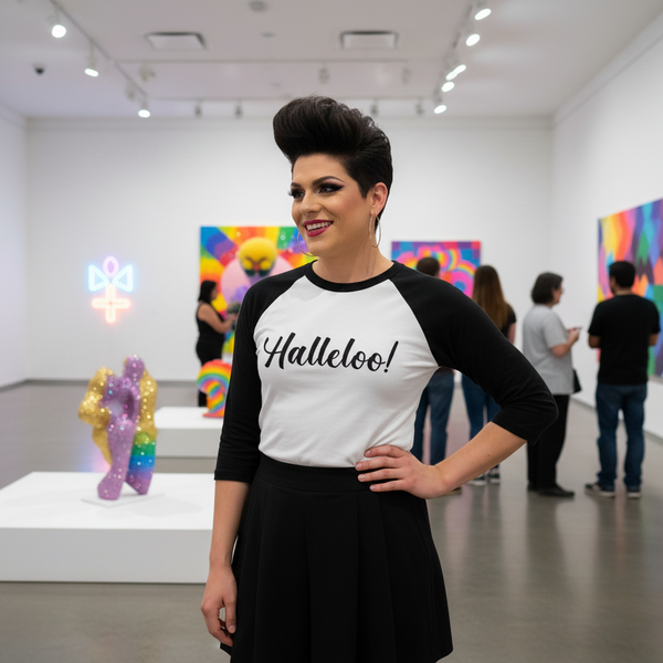 Halleloo! 3/4 Sleeve Raglan Shirt paired with a black skirt on a smiling, bold-makeup person in a bright queer art gallery.