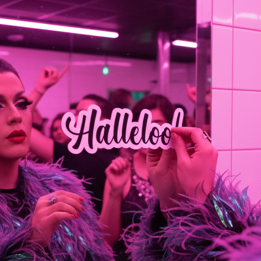 Halleloo! Bubble-Free Sticker held by a queer babe in bold makeup, feathered jacket