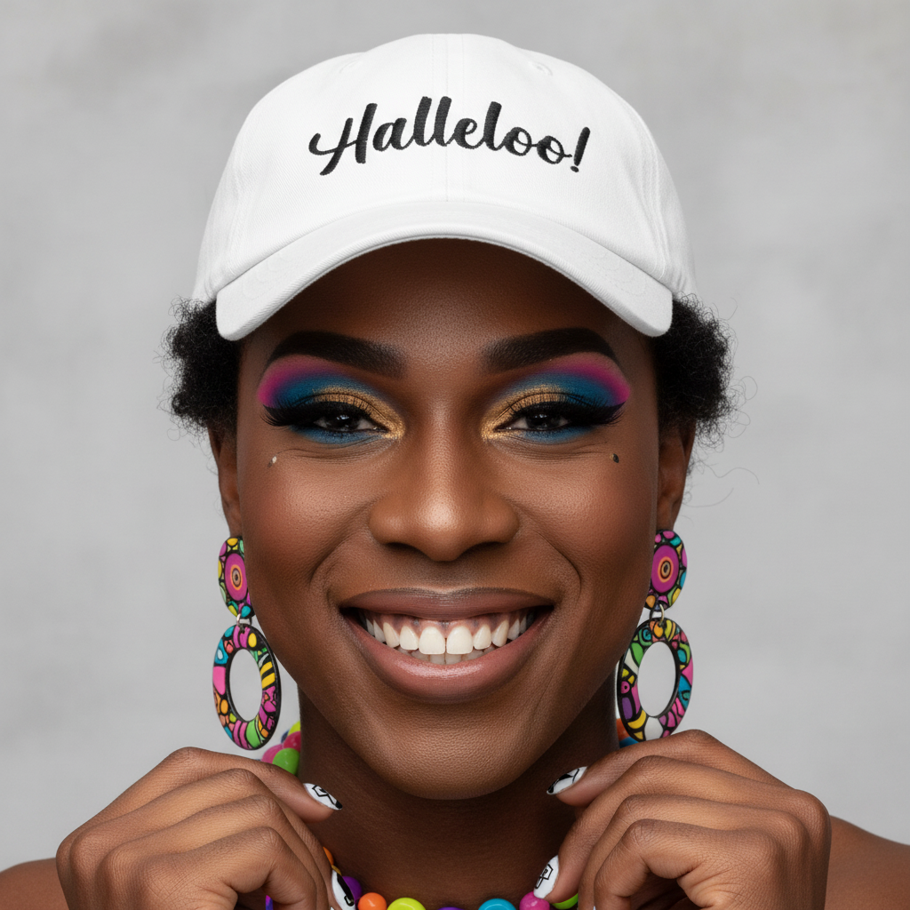 The Halleloo! Cap tops a dark-skinned, smiling queer babe with bright earrings, vivid makeup