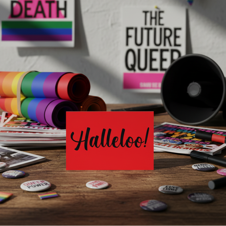 Red “Halleloo!” postcard in cursive on wood, with LGBTQ stickers, rainbow paper rolls, flyers; posters say DEATH