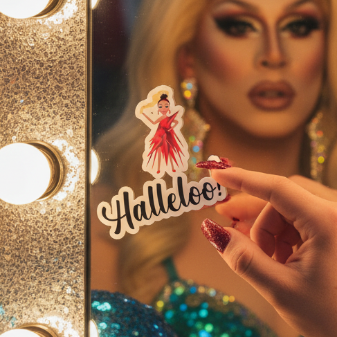 Bubble-free “Halleloo! Drag Queen” sticker—cartoon queen in red
