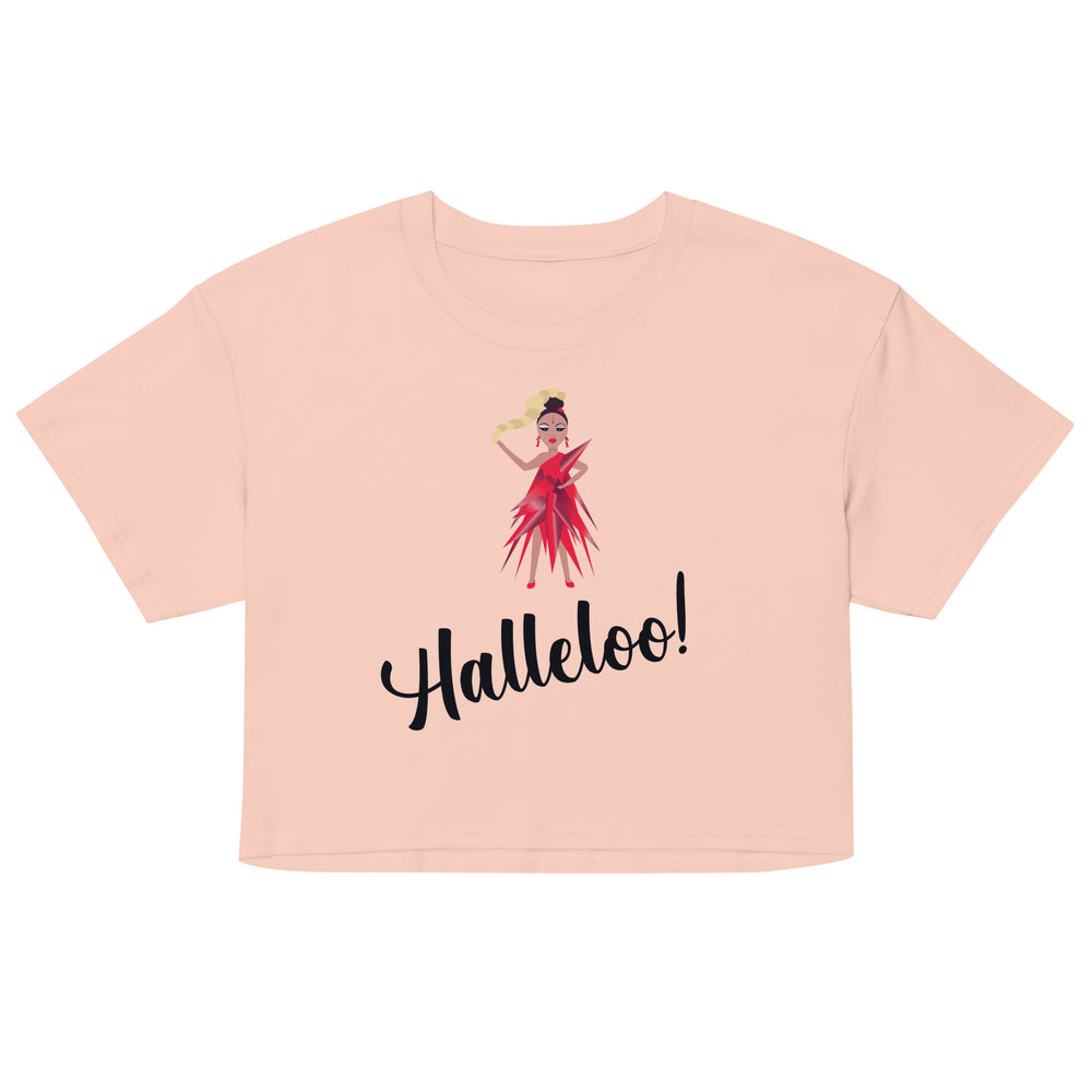 Front view of a blush pink crop top with a drag queen illustration and “Halleloo!” text