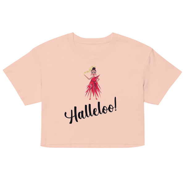 Front view of a blush pink crop top with a drag queen illustration and “Halleloo!” text