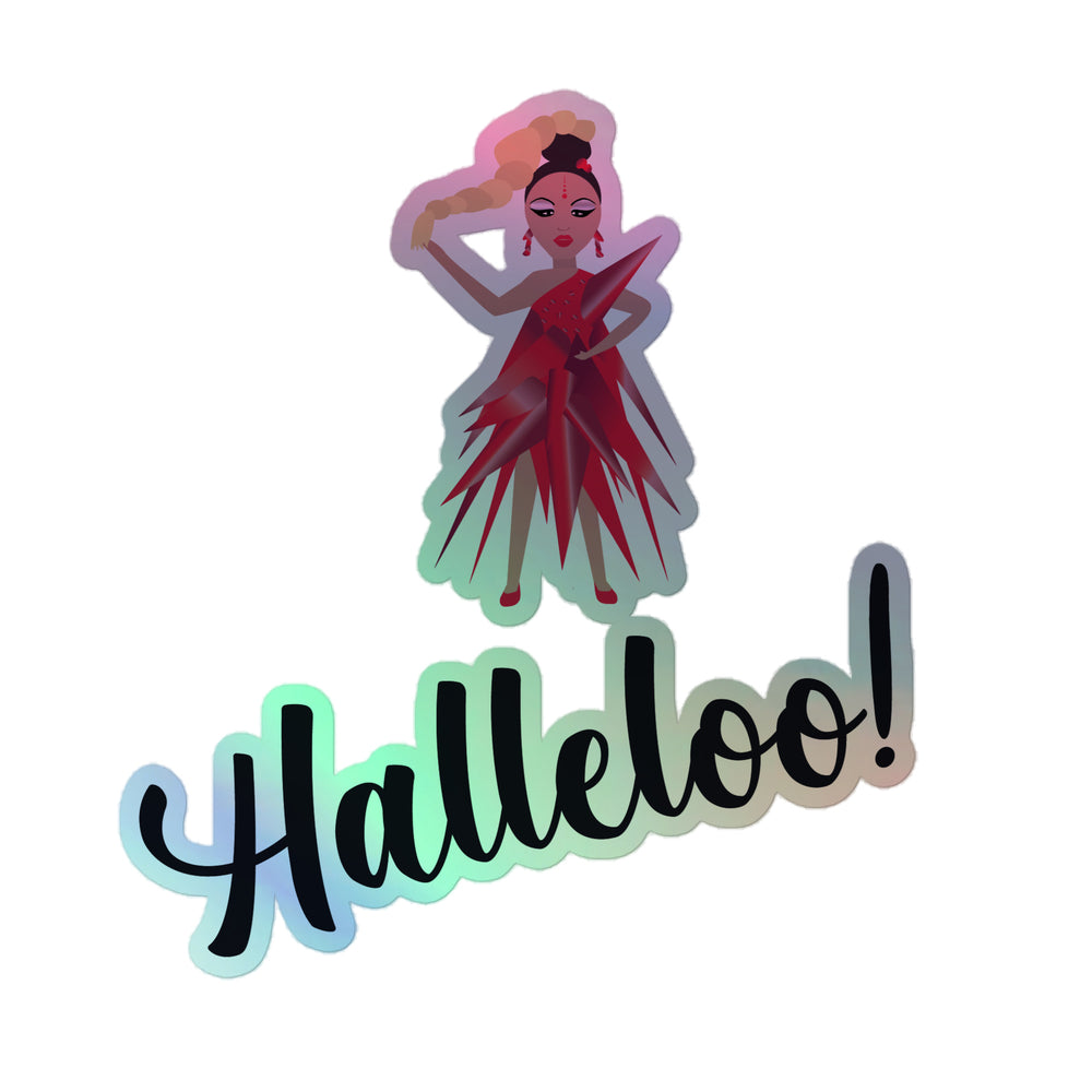Sticker illustration of a glamorous figure in a spiky red dress above the word “Halleloo!”