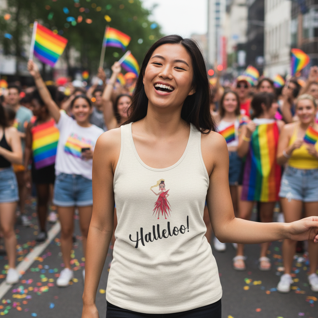 Halleloo! Drag Queen Unisex Tank Top worn by a smiling person at a pride parade