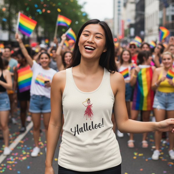 Halleloo! Drag Queen Unisex Tank Top worn by a smiling person at a pride parade