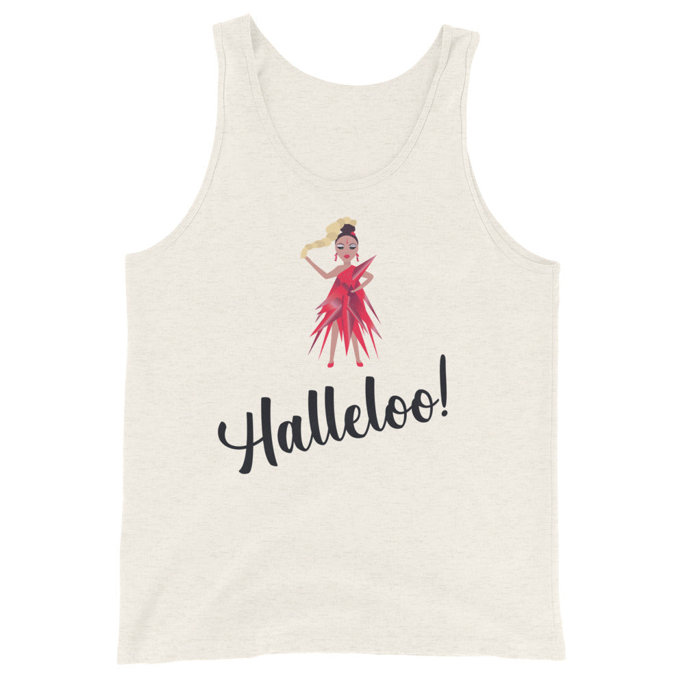 Front view of an off-white tank top with a red drag performer and “Halleloo!” graphic