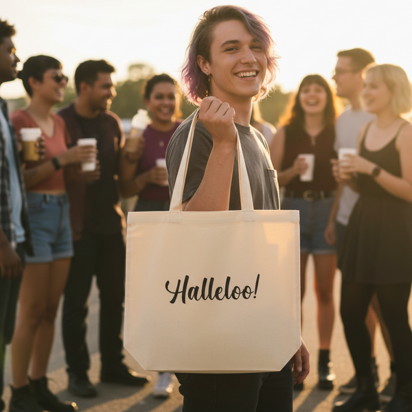 Eco tote bag with “Halleloo!” in black script, held by a smiling person with light purple hair