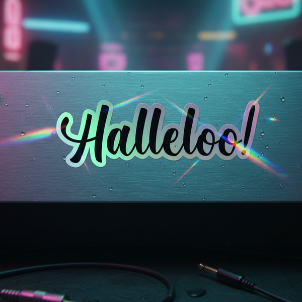 Holographic stickers with “Halleloo!” in lively script on metallic rainbow foil