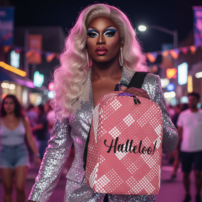 Halleloo! Minimalist Backpack pops in a drag queens hand on a neon city street