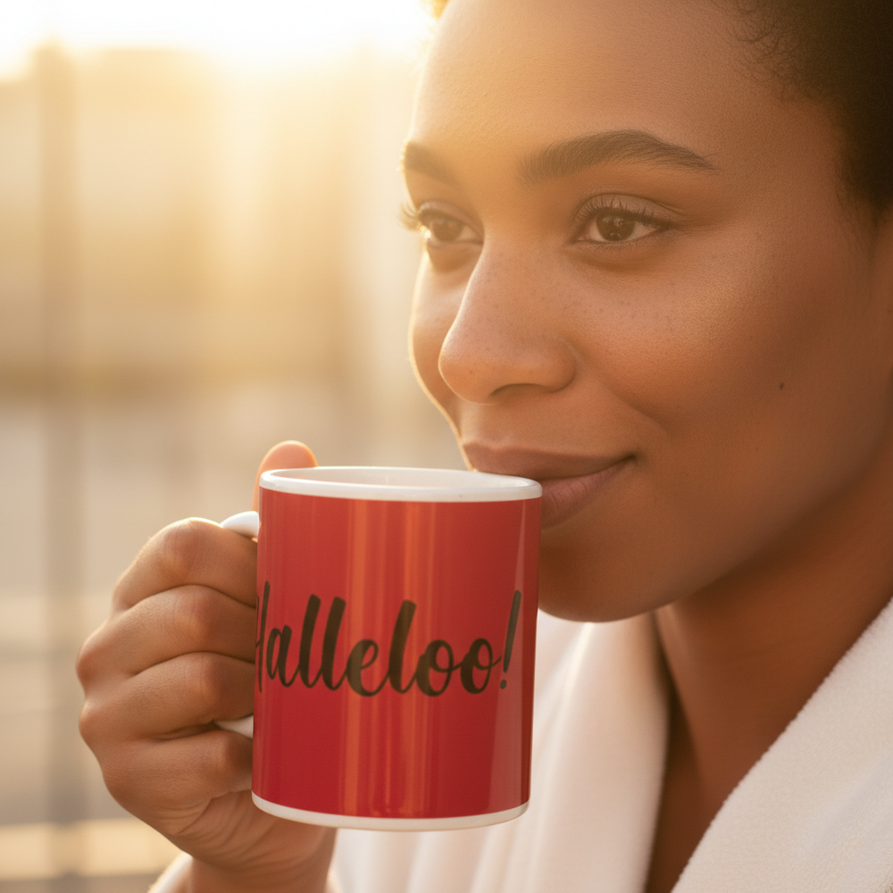 Close-up of a person sipping from a red mug marked “Halleloo!”