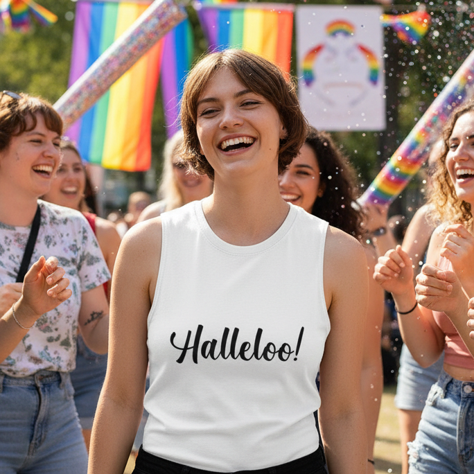 White Halleloo! muscle top worn by a smiling person at an outdoor LGBTQ+ Pride