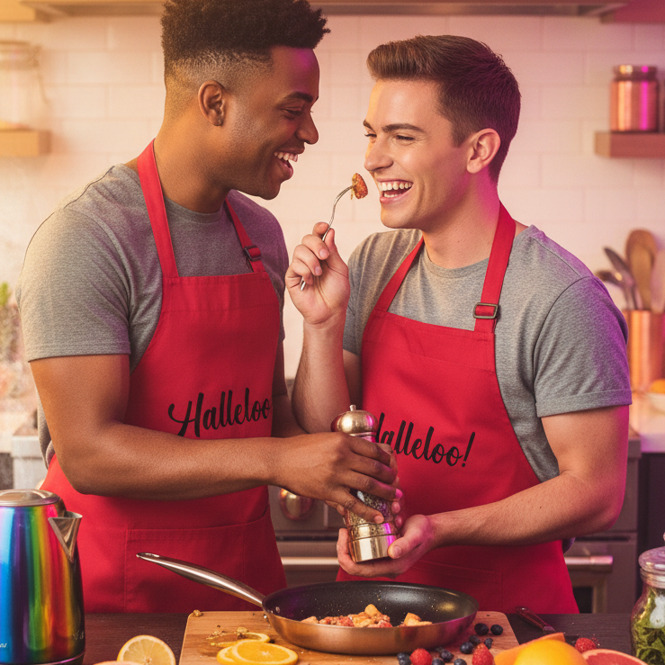 Two smiling people wearing red Halleloo! aprons while cooking together in a kitchen