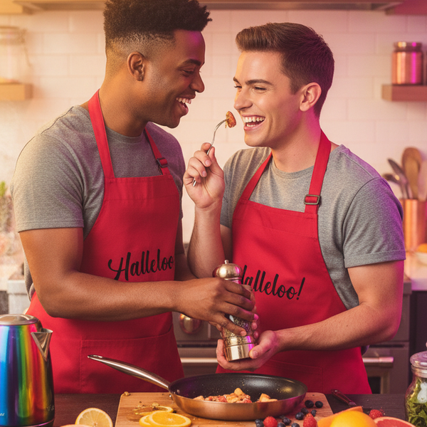 Two smiling people wearing red Halleloo! aprons while cooking together in a kitchen