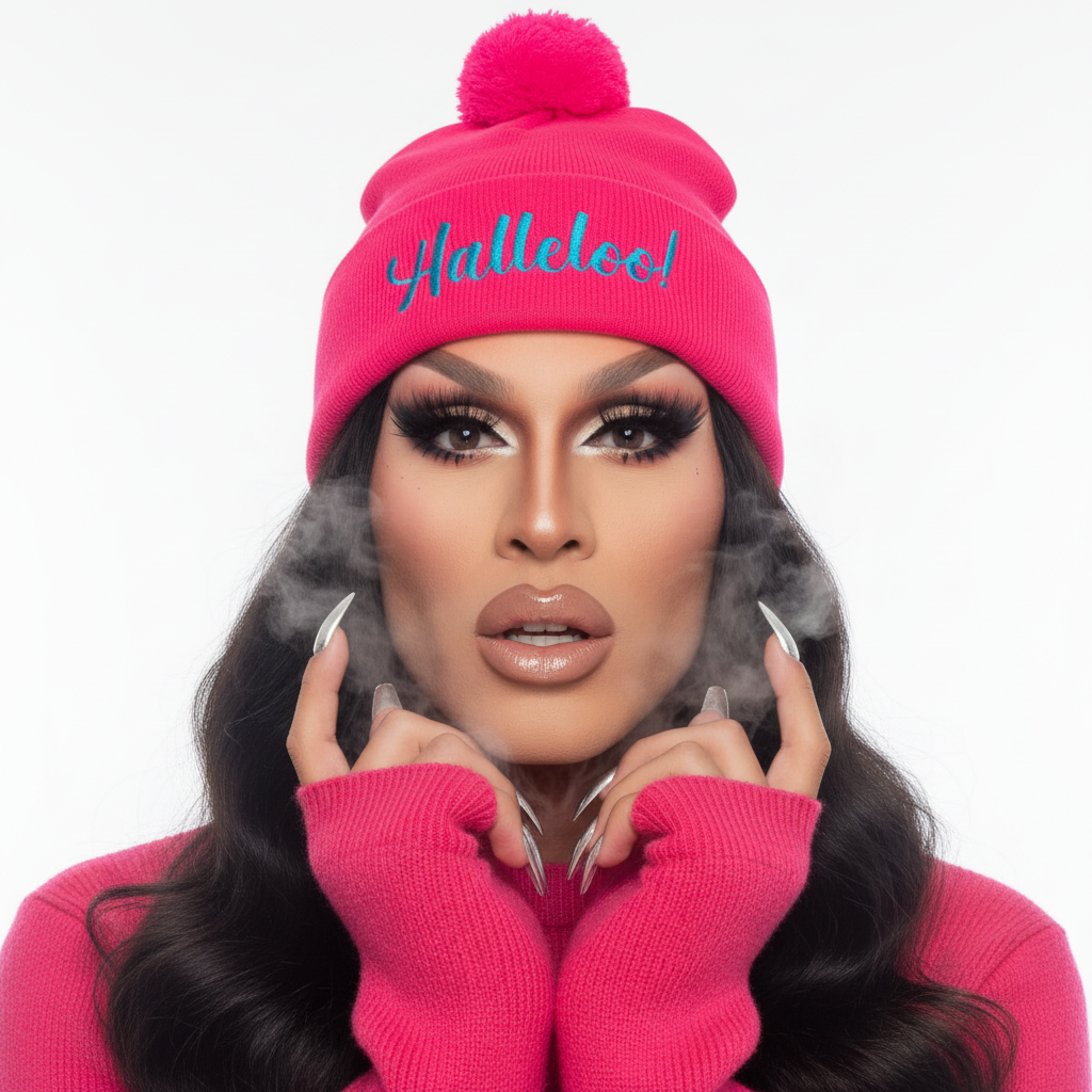 Bright pink Halleloo! Pom-Pom Beanie with blue embroidery, worn by a person in matching sweater, dramatic makeup, long nails