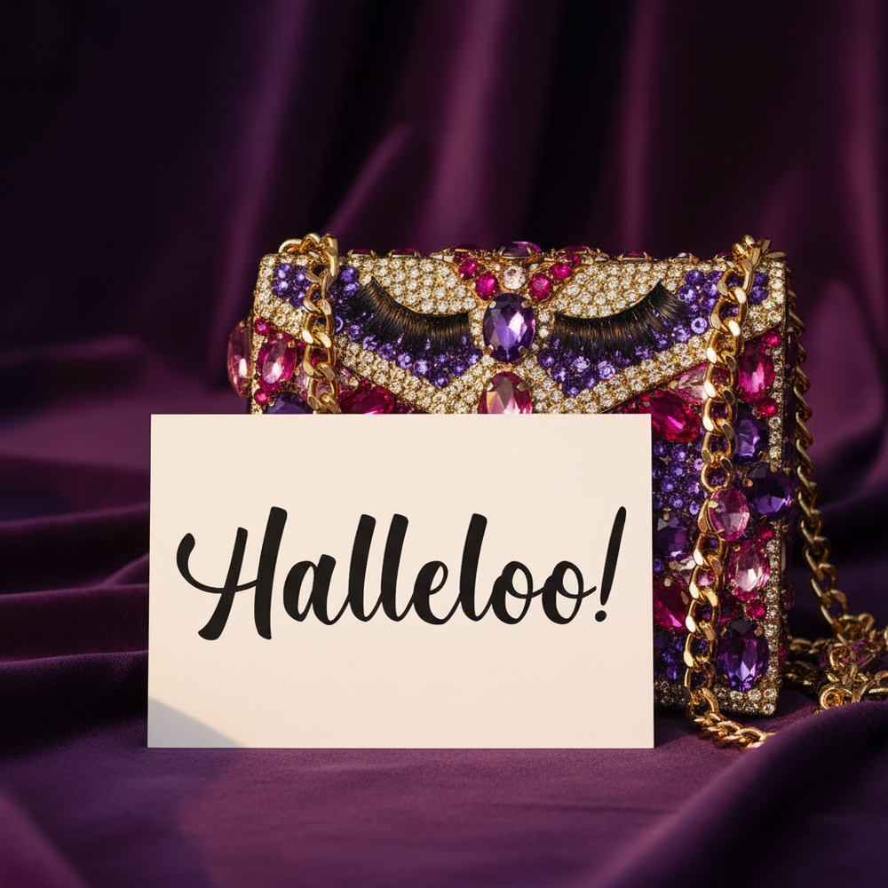 Jeweled handbag with gold chains, purple, pink, and clear gems on purple fabric