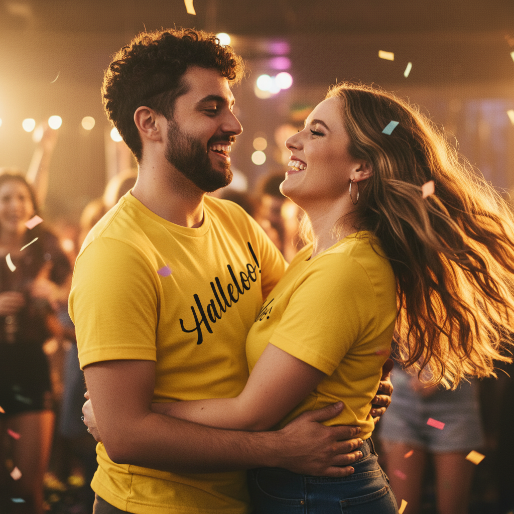 Matching yellow "Halleloo!" T-shirts on a happy queer couple dancing at a confetti-filled Pride party