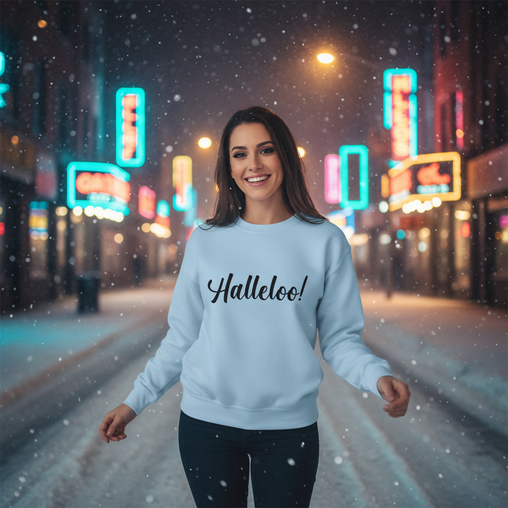Smiling person wears a light blue sweatshirt reading “Halleloo!” on a snowy city street
